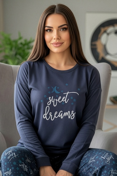 Pijamaevi Set de pijamale termice pentru femei cu model Sweet Dreams, albastru bleumarin
