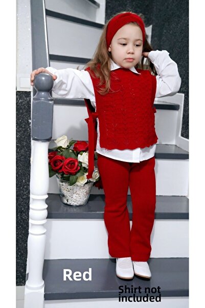 Meriç bebe Set de tricotaje pentru fete din 3 piese cu bandă de păr, pantaloni, părți deschise și detaliu cravată, pulovere tricotate ajurate