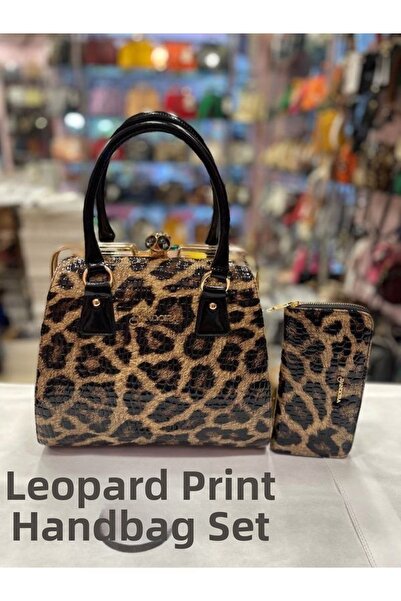 Pandora Bags طقم حقيبة كبيرة ومحفظة من الجلد اللامع بنقشة الفهد