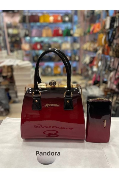 Pandora Bags طقم حقيبة ومحفظة كبيرة من الجلد اللامع باللون الأسود الداكن