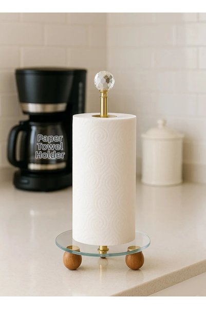 UYT LİFE Gold Decorative Wooden Ball-Footed Crystal Stone Glass Paper Towel Holder, Napkin Roll Paper Towel Organizer