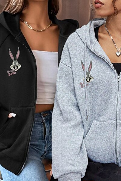 modaberry سترة صوفية سميكة من Bugs Bunny - سترة شتوية مطبوعة باللون الأسود وا...