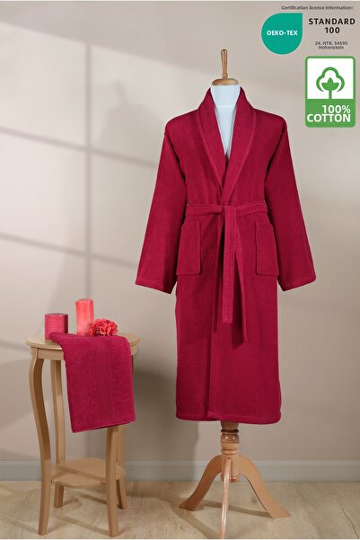 Ellaline طقم روب حمام مخطط 100% قطن معتمد من قطعتين، طقم روب حمام وفوط رأس باللون الأحمر الداكن