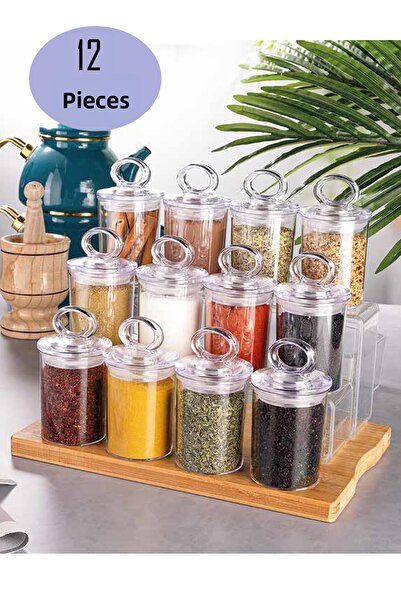 İLİVA مجموعة برطمانات توابل مكونة من 12 قطعة بحجم 3 - مجموعة حاوية تخزين توابل بغطاء مفرغ من الأكريليك الشفاف