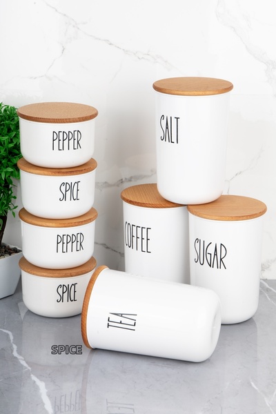 MODA OZY Set of 8 Vacuum Transfer Labeled Jars with Wooden Lids 900/400 ml Acrylic (PLASTIC) Jar