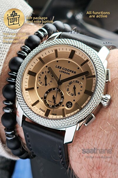 Lee Cooper ساعة يد رجالية أصلية مع سوار زجاجي ملون مميز وحزام جلدي أسود وتقوي...