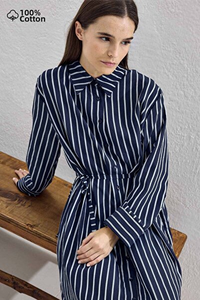 Hooopstore Robi Striped Navy Blue Modal Dress