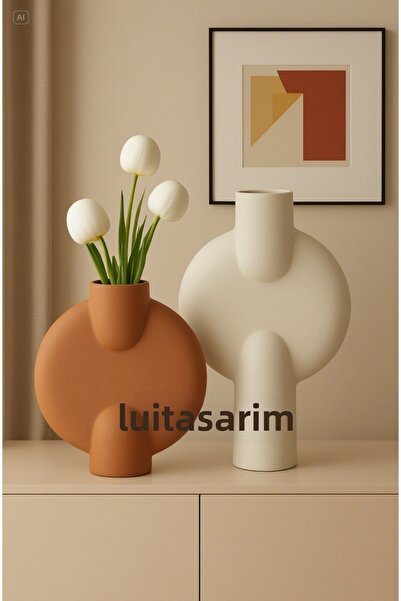 Lui Tasarım مزهرية سيراميك مكونة من قطعتين بلون كريمي وكريميت على الطراز الياباني الشمالي