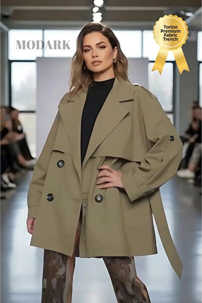 Modark Khaki Women's Belted Short Double-Breasted Trench Coat