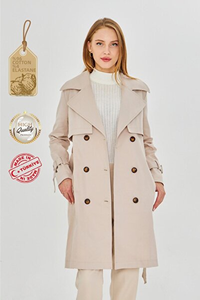 PASTELASTORE Trench pentru femei, din bumbac elastic, culoare piatră, midi (9...