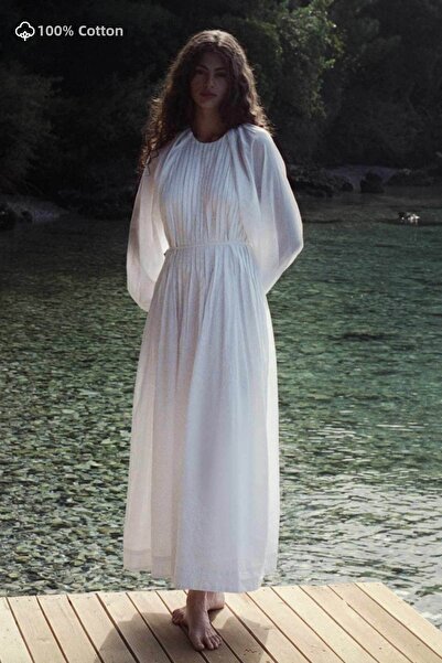 Hooopstore Λευκό φόρεμα με ραβδώσεις βαμβακερό Voile