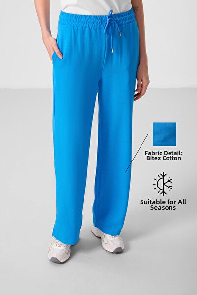 TOMMY LIFE Blue Linen Wide Leg Comfortable Fit Women's Palazzo Trousers - 94675