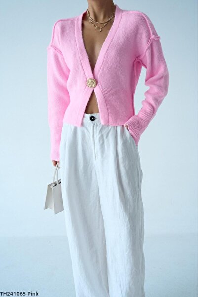 CADDELAMODA Reverse Stitched Gold Buttoned Soft Cardigan