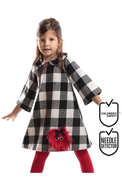Denokids Pompom Girl - Black and White Plaid, Long Sleeve Winter Dress
