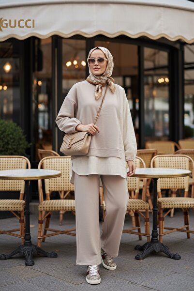 Aselim Hijap Moda طقم مكون من قطعتين مع تونيك مزين بقميص مخطط |   بنطلون واسع...