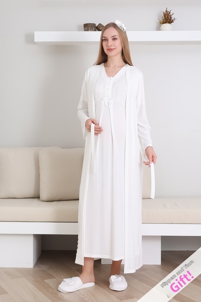 ERDENİZ TEKSTİL طقم ثوب نوم للحوامل مع ثوب نوم ورقبة على شكل حرف V وتفاصيل دانتيل مكونة من قطعتين للرضاعة الطبيعية / شبشب وتاج هدية