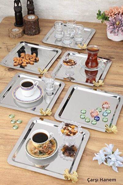 ÇARŞI HANEM Coffee and Multi-Purpose Presentation Tray Square Set of 6 with S...