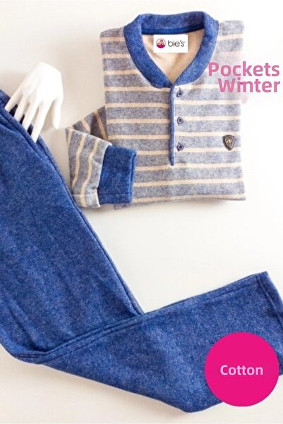 ALİMER Ανδρικό σετ πιτζάμες σε γκρι-μπλε χρώμα με 3 κουμπιά, ριγέ χειμερινό β...