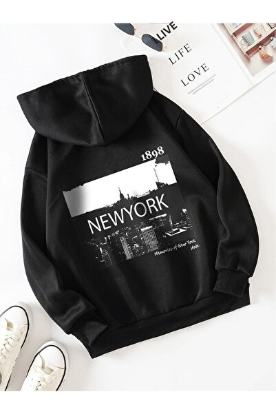 VBSVİBES Unisex Oversize New York Printed Hoodie Hooded Sweatshirt