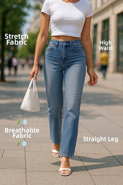 CEDY DENIM Pantaloni pentru femei talie înaltă Regular Fit material elastic Pantaloni-C607-A.albastru