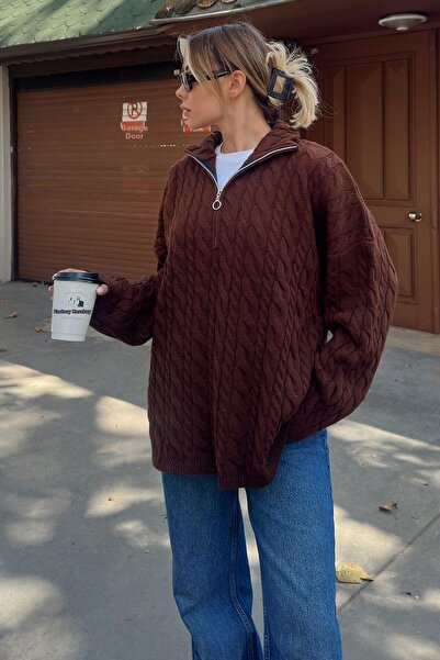 Swist Brown Zippered Stand Collar Thick Hair Knit Oversize Women's Knitwear Sweater