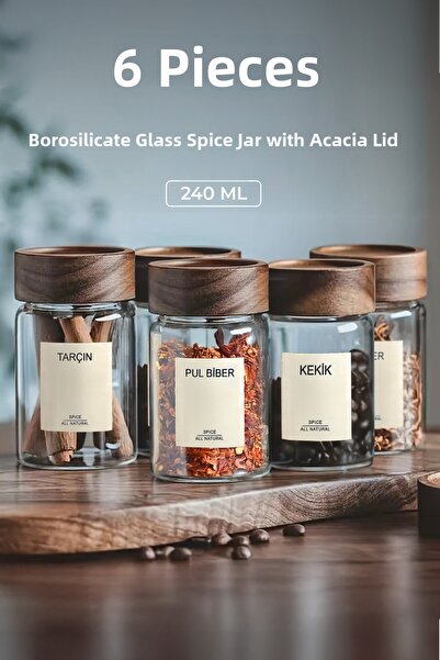 Kitchen Life Acassia 6-Piece Acacia Lid Borosilicate Glass Spice Rack Set / 56 Tags Gift / 240ml