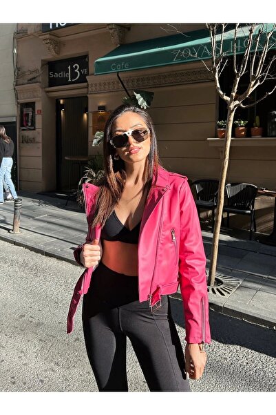 MEECY Γυναικείο δερμάτινο ροζ μπουφάν