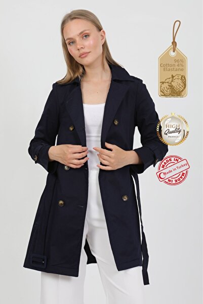 PASTELASTORE Trench pentru femei din bumbac elastic gabardine albastru bleuma...