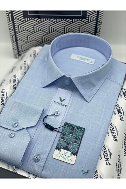 Fitmens Classic Long Sleeve Pocketless Linen Collar Buttoned at Bottom Men's Shirt with Gift Box Fs-003686 - Light Blue