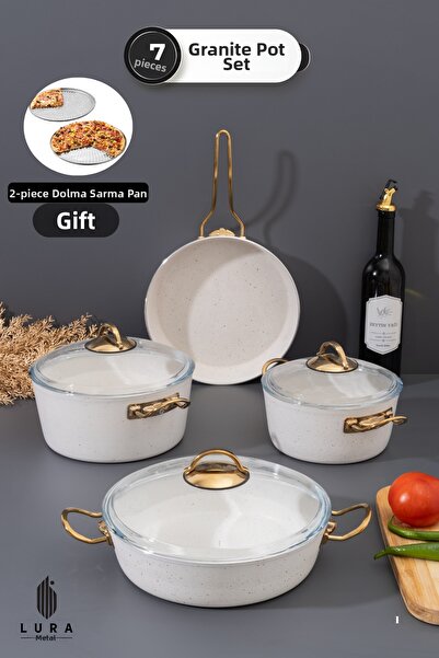 Skygo 7 Piece White Granite Cookware Set - Elegant Design and Durable Solutions (Stuffed Wrap Bottom Gift)