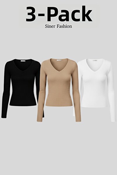 Siner Fashion Női 3 részes V-nyakú bordázott alapblúz