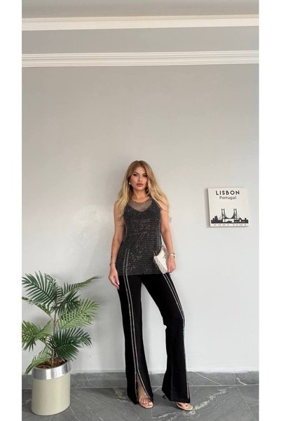 Generic Brand Women's New Season Stone Blouse Side Zipper Trousers Flexible Compact Fabric 3 Piece Set