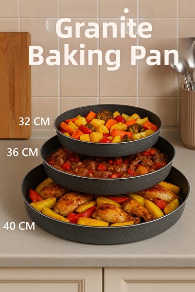 FİTHOME طقم صينية جرانيت مقاومة للحريق مقاس 32-36-40 سم