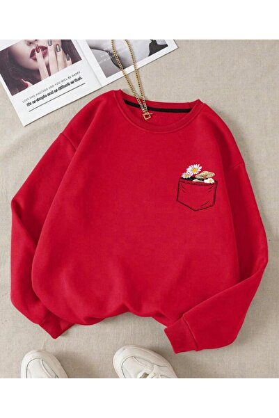 FAVORİST Bavlněná mikina s květinovým potiskem s výstřihem