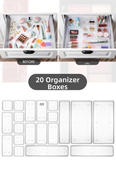 Meleni Home منظم خزانة مكون من 20 قطعة - منظم مستحضرات التجميل لدرج المطبخ شفاف