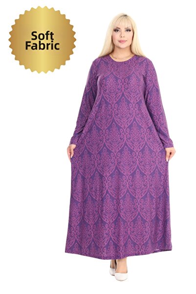 MELSAY فستان نسائي شتوي ناعم من القماش باللون الأرجواني منقوش بالدانتيل مقاس كبير