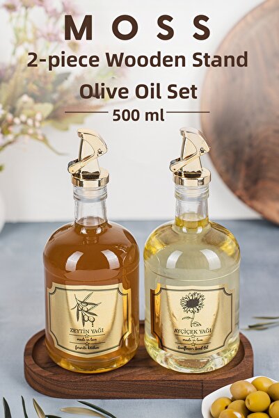 Fhilli Moss 2-Piece Non-Drip Olive Oil Liquid Bottle with Wooden Stand Glass ...