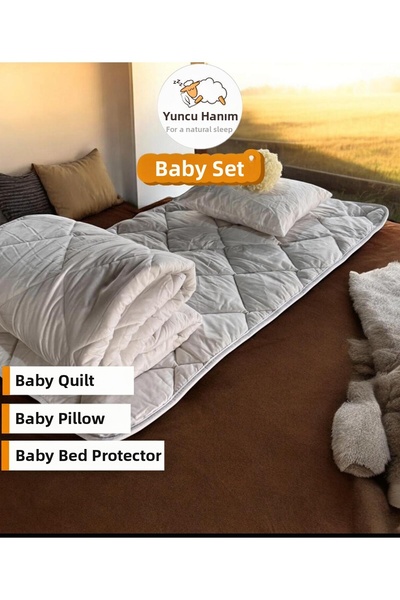 Yüncü Hanım طقم نوم للأطفال مصنوع من الصوف بنسبة 100% مكون من 3 قطع (لحاف صوف + مرتبة صوف + وسادة صوف)
