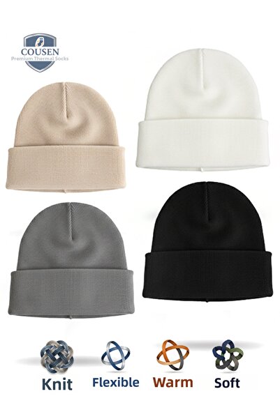 Cousen Set de 4 căciuli UNISEX BASIC, negru, gri, alb, bej, pliabile și elastice