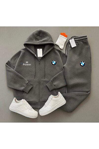 özcstore Set cardigan și pantaloni de trening cu 3 fire, cu imprimeu Bmw, gri...