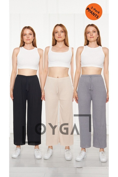 Oyga 3-Piece Black Women's Corduroy Pants and Sweatpants Set - Casual Home Wear - Raporlu