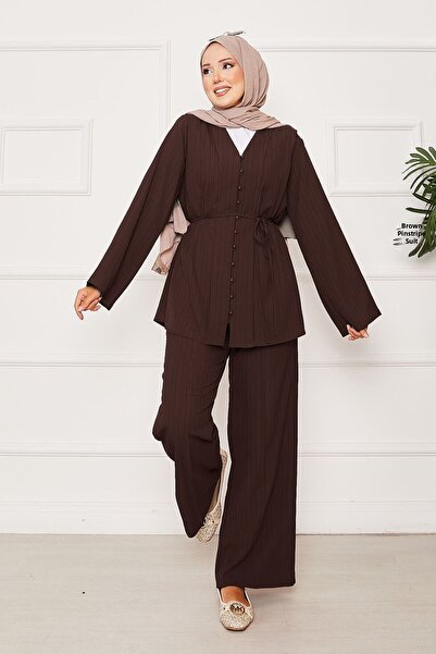 EBRUTESETTÜR طقم بريطاني مزدوج بأزرار وحزام من سيجار، لون بني