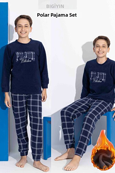 bigiyin Set de pijamale din lână bleumarin pentru băieți Set de pijamale de iarnă pentru copii Lenjerie de dormit groasă