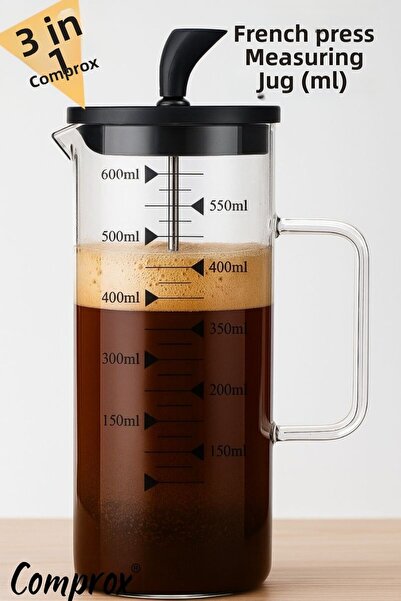 Comprox إبريق شاي كامبو 600 مل 3 في 1 (مقاوم للحريق) بالضغط الفرنسي، كوب قياس