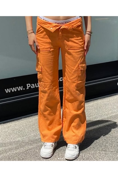 KOTOLOG Γυναικείο φαρδύ παντελόνι με φαρδύ πόδι με κανονική εφαρμογή Πορτοκαλ...