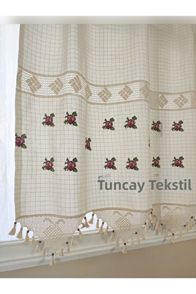 TUNCAY TEKSTİL ستارة شمسية مصنوعة يدويًا من القطن بنسبة 100% بغرز متقاطعة باللون الأحمر