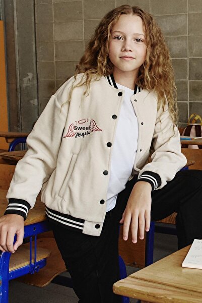 TOMMY LIFE Beige Embroidered Girl's College Jacket - Thick Soft Textured, Sta...