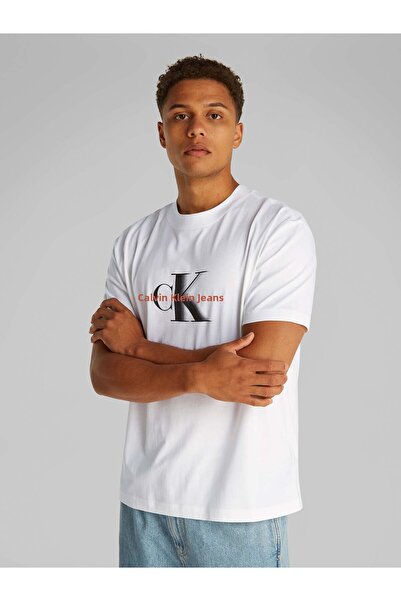 Calvin Klein تي شيرت كالفن كلاين رجالي أبيض بأكمام قصيرة وشعار مونولوج