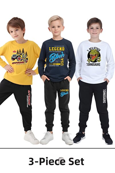 FYK KİDS طقم بيجامة برقبة دائرية مطبوعة مكون من 3 قطع للأولاد