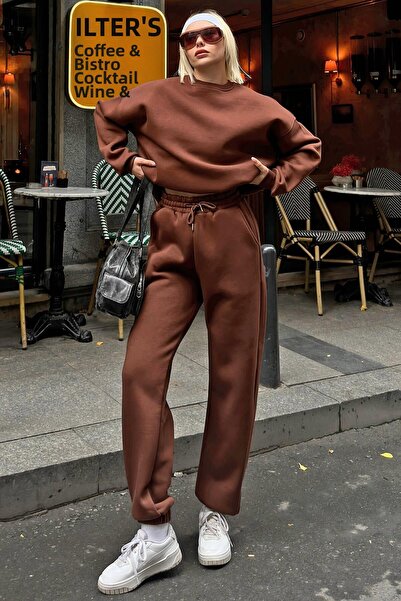 Swist Brązowy Pow Bluza z okrągłym dekoltem i spodniami dresowymi z wstążką w środku, damski komplet dresowy